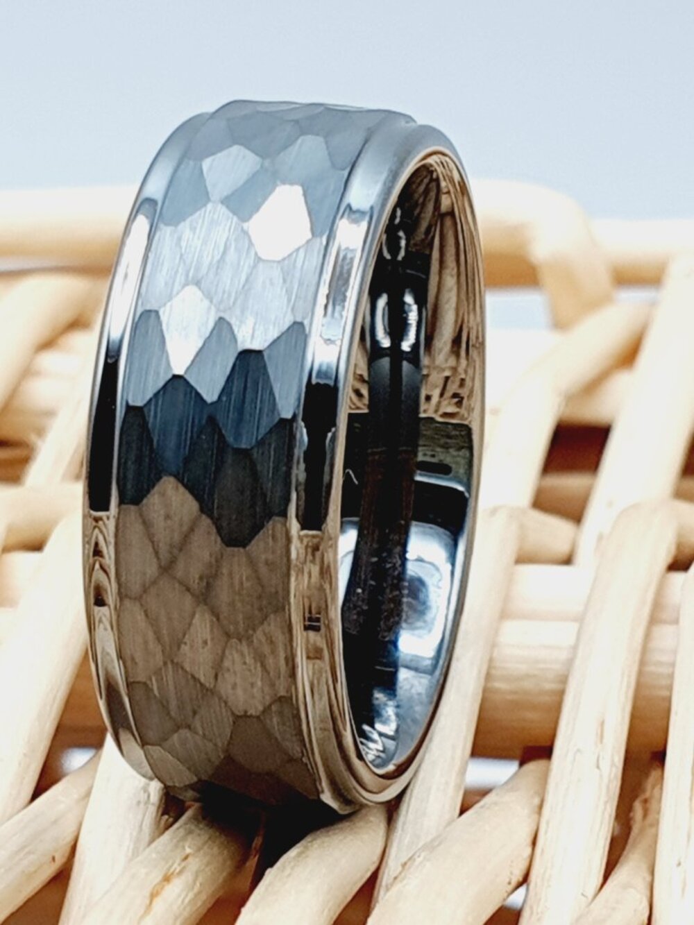"Black Tungsten Ring - Silver Hammered Comfort Fit Band GALTUN972-10